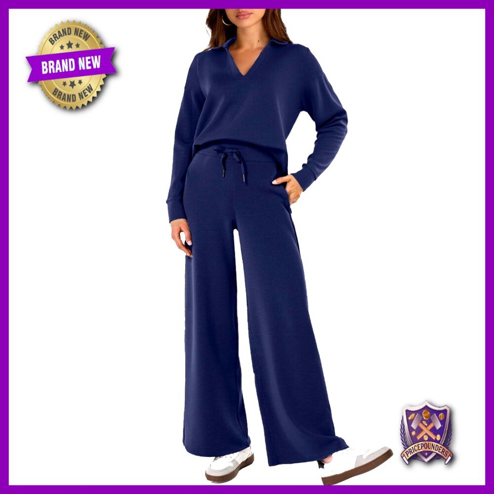 Long Sleeve Polo Top Wide Leg Pants Matching Set Casual Lounge Sweatsuit